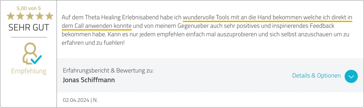 ProvenExpert-Bewertung von N. vom 02.04.2024 zum Theta Healing Erlebnisabend
