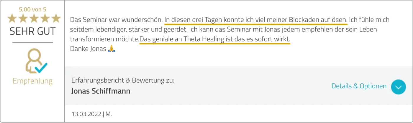 ProvenExpert-Bewertung von M. vom 13.03.2022 zum ThetaHealing Seminar