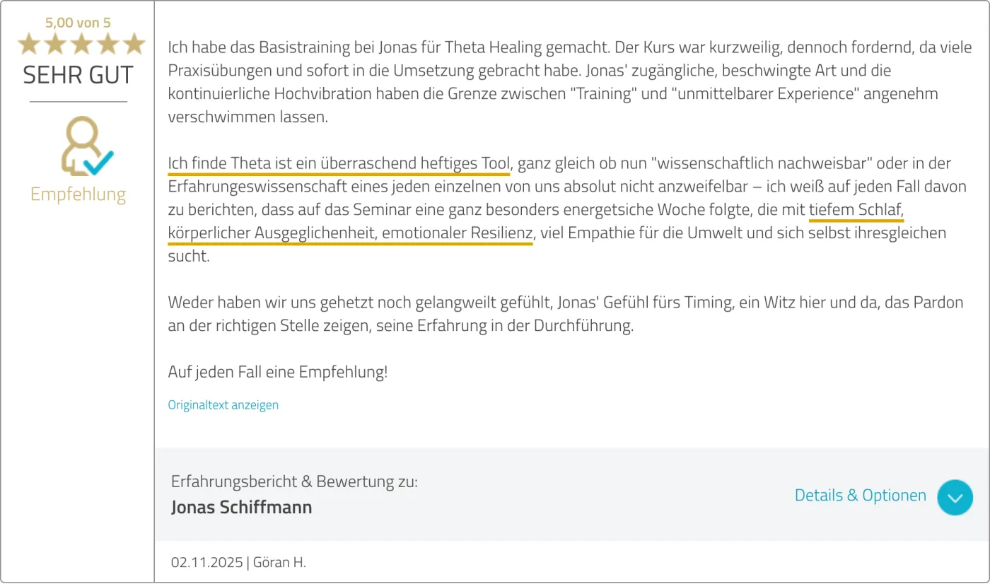 ProvenExpert-Bewertung von Göran H. vom 02.11.2025 zum ThetaHealing Basistraining