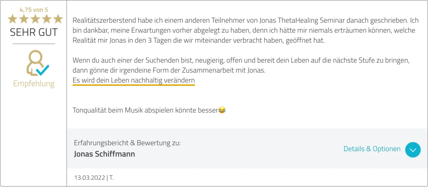 ProvenExpert-Bewertung von T. vom 13.03.2022 zum ThetaHealing Seminar