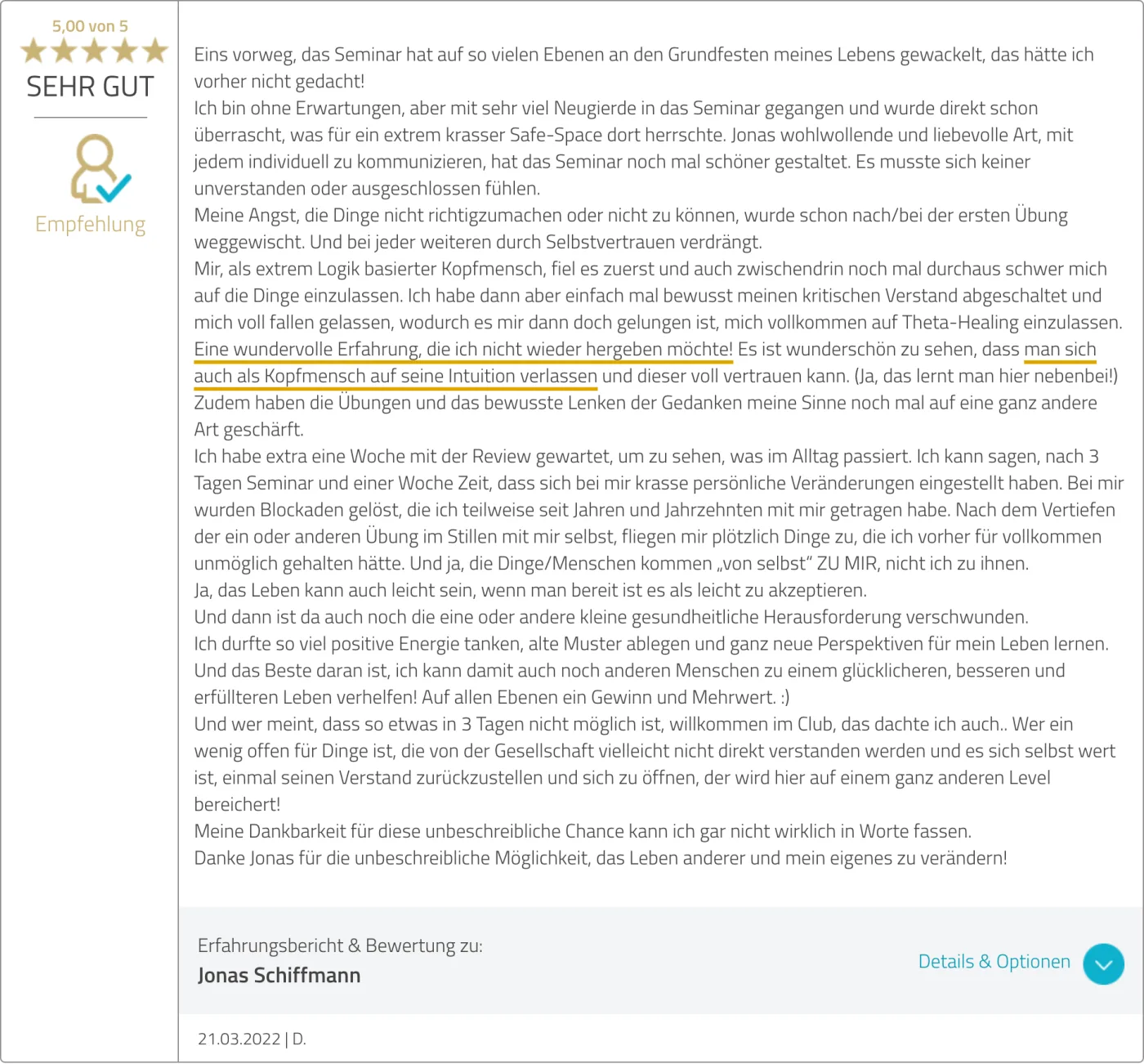 ProvenExpert-Bewertung vom 21.03.2022 zum ThetaHealing Seminar