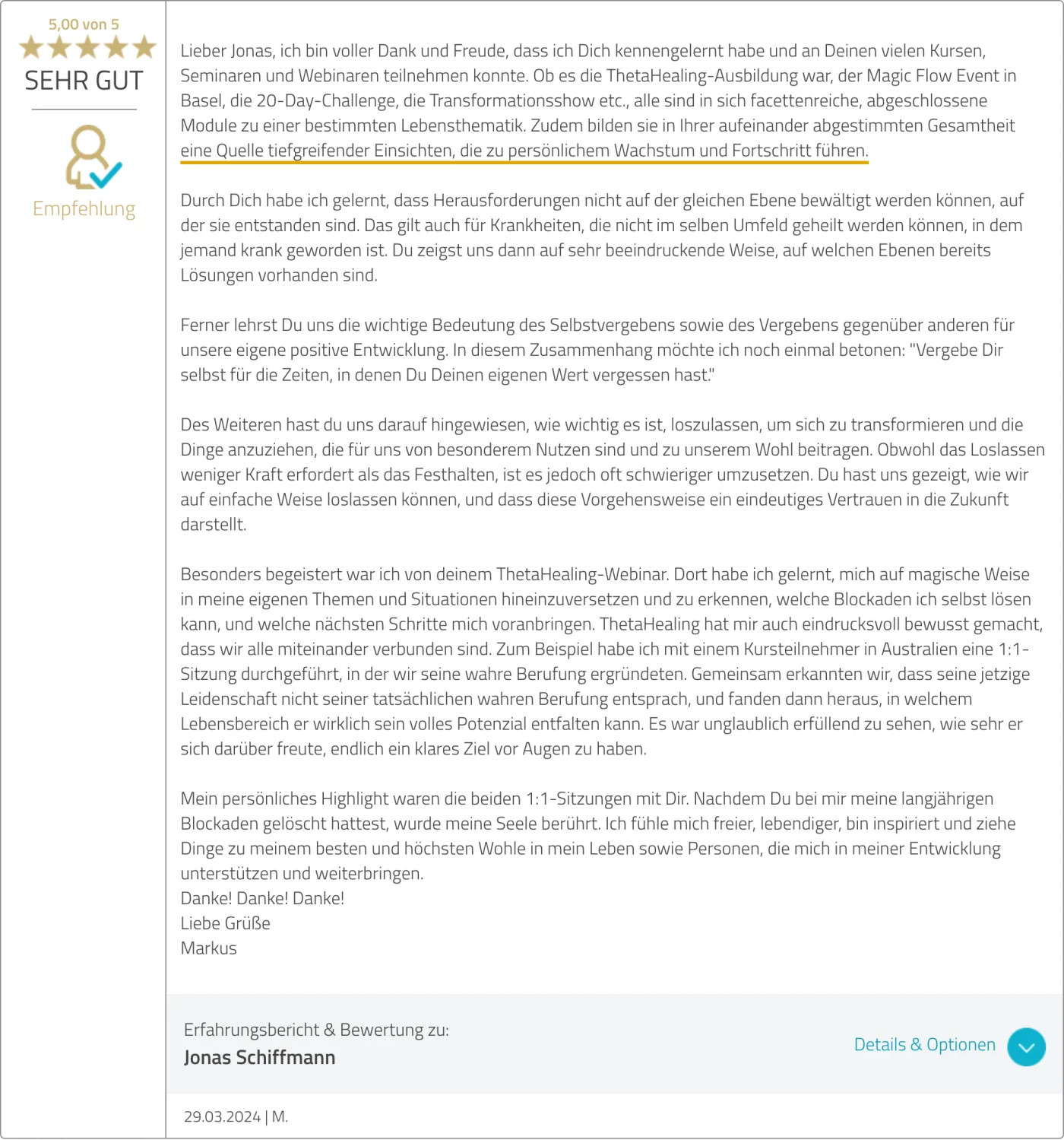 ProvenExpert-Bewertung von M. vom 29.03.2024 zur ThetaHealing-Ausbildung