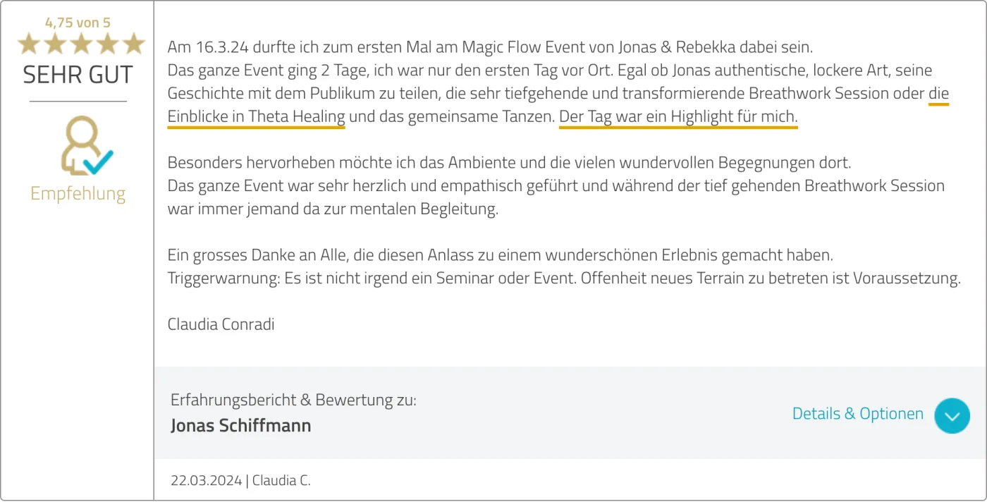 ProvenExpert-Bewertung von Claudia C. vom 22.03.2024 zum Magic Flow Event